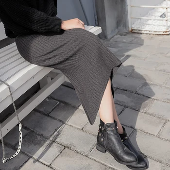 

Autumn New Plus Size Women's Fat MM 200 kg Split Knit Skirt Solid Color Package Hips Mujer Warm Winter Casual Skirts MZ3190