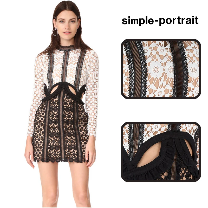 

Spring Self Portrait Dress 2019 Autumn Runway Women Long Sleeve Lace Patchwork Dew Waist Hollow Out Bodycon Mini Party Dress