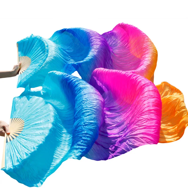 Dance Fans Bamboo Ribs Natural Silk Stage Performance Props Dye Fans Women Belly Dance Silk Fans turquoise+purple+ rose+orange