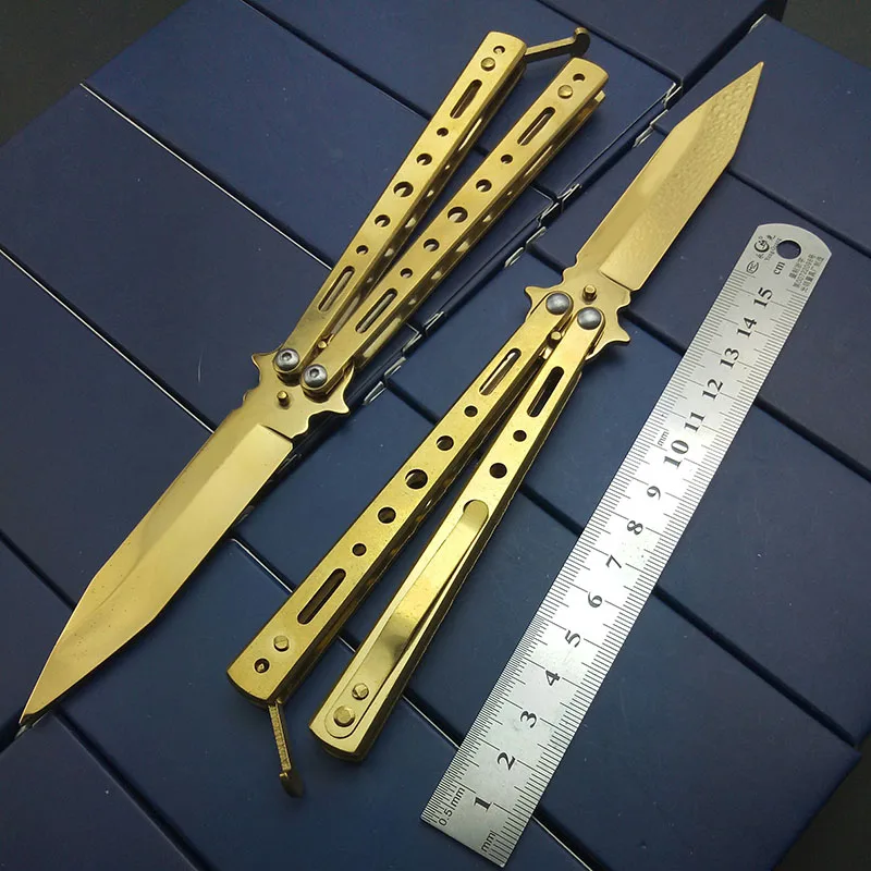 Золотой титановый тактический нож-бабочка, не острый нож для практики, ножи для выживания, ручка из нержавеющей стали, лезвие для кемпинга, Мультитул
