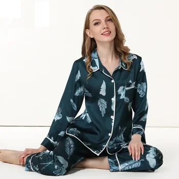 

Womens Silk Satin Pajamas Set 2019 woman silk long sleeve tops and full length pants set Sleepwear Set Nightwear Loungewear
