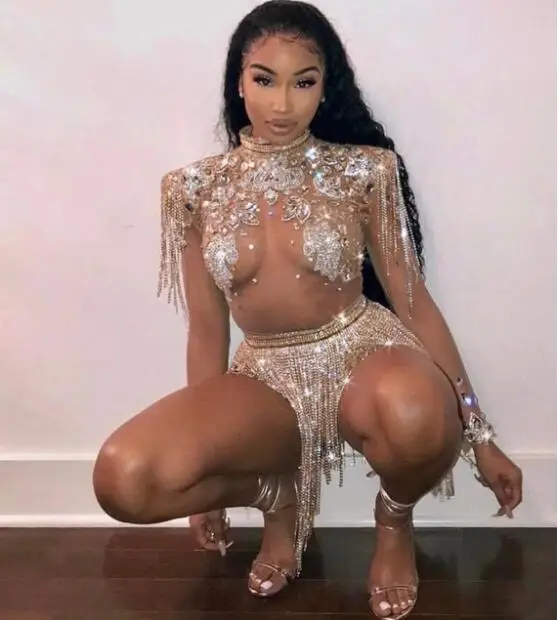 

New design Shining Big Crystals Mesh Sexy Bodysuit Sparkly Rhinestones Chains Fringes Outfit Party Wear See Through Costume