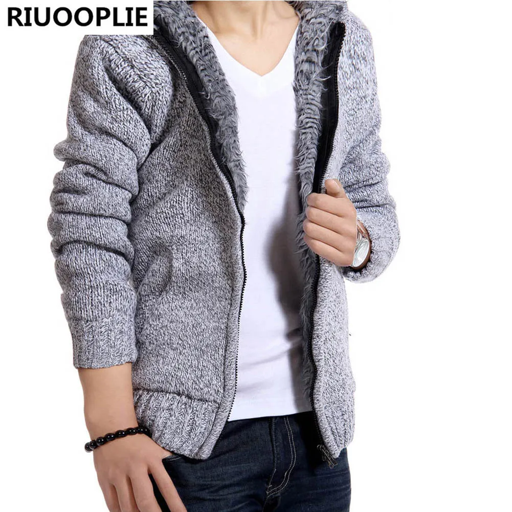 RIUOOPLIE/осенне-зимние Утепленные толстовки с меховой подкладкой для мужчин; Повседневная однотонная Теплая мужская куртка на молнии; верхняя одежда