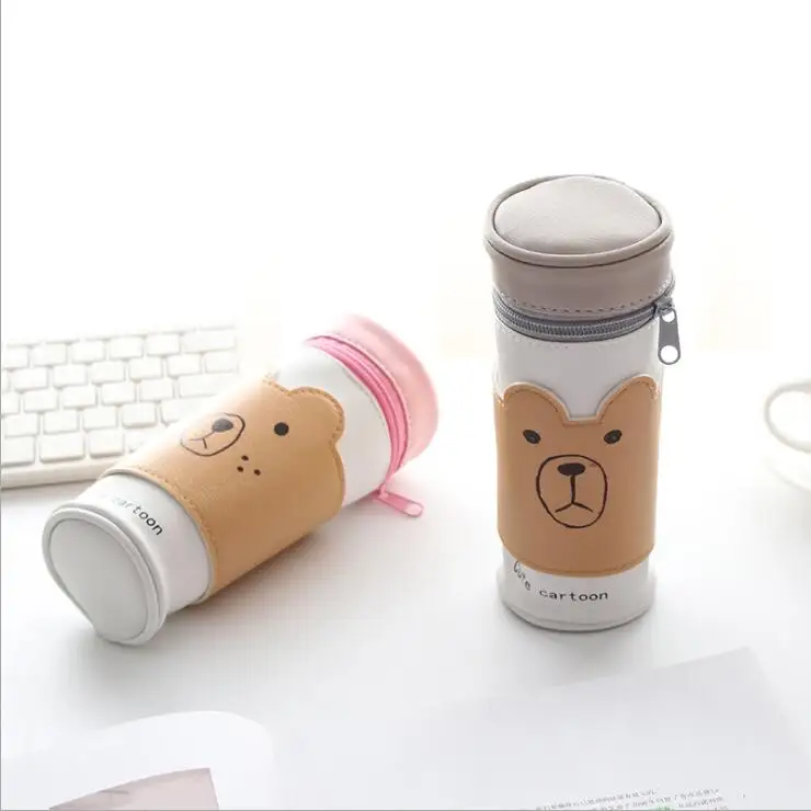 

1PC PU Leather Kawaii Cute Bear Cup Style Large Capacity Portable Pencil Bag Desk Organizer Storage Case School Stationery