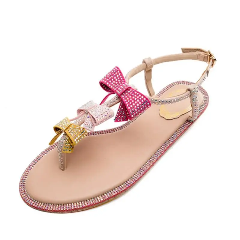 

Women's flat sandals 2019 summer new sequin cloth bow decoration low heel shallow mouth T-shaped beach sandals