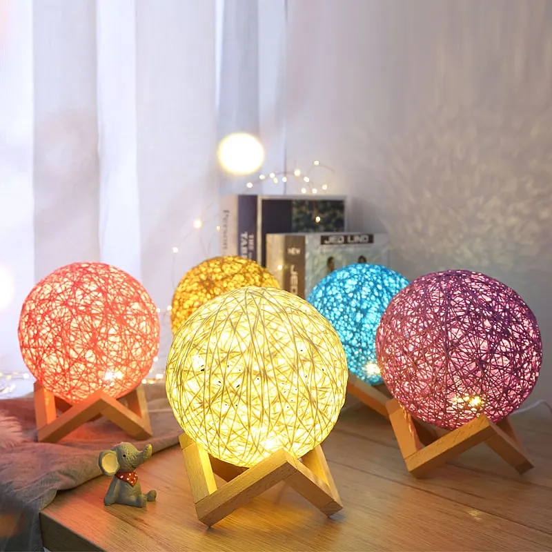

Bedroom Bedside Creative Table Lamp Led Dimmable Night Light Wood Twine Rattan Table Lamps Night Lights