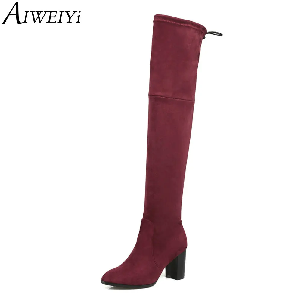 

AIWEIYi Over The Knee Boots Thick High Heels Round Toe Thigh High Autumn Winter Suede Long Boots Black Knee High Boots