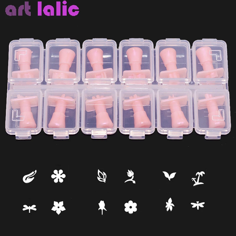 

12Pcs/Set 3D Acrylic Nail Tips Mold Stamps Templates Flower Butterfly Coconut tree Patterns Stamping Nail Art with Box