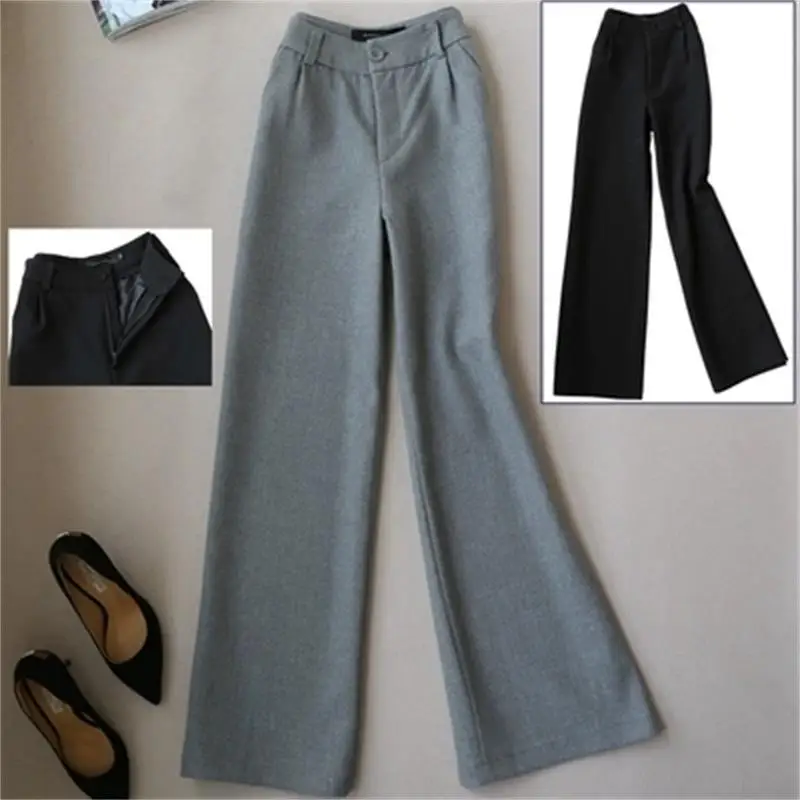 

Fashion long pants female spring new temperament imitation woolen Wide leg pants women trousers high waist straight pant Mujer
