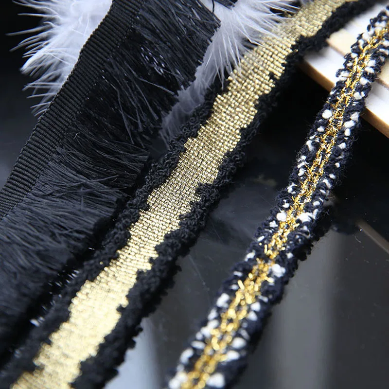 

Wedding Black Gold Lace Fabric Appliqued 1 Yard 3D Flower Sequined Tassel Embroidered Fabric Sewing Apparel Lace Trims RP41