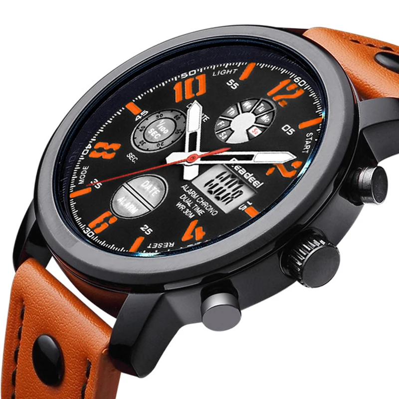 2018 Элитный бренд кварцевые для мужчин Спорт часы двойной дисплей светодио дный светодиодный цифровые часы пояса из натуральной кожи часы