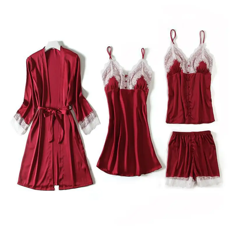 

Women V-Neck Sexy 4PCS Robe Set Summer Lace Casual Solid Kimono Bathrobe Gown Lady Satin Long Sleeve Home Dress Nightgown