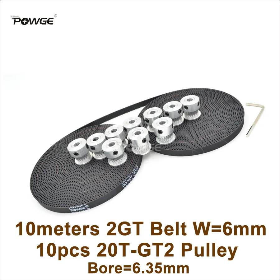 

POWGE 10pcs 20 Teeth GT2 Timing Pulley Bore 6.35mm + 10M 2GT Timing Belt Width 6mm 20Teeth 20T 2GT Pulley 3D Printer Parts