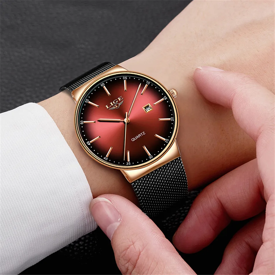 LIGE New Mens Watches Top Brand Luxury Fashion Mesh Belt Watch Men Waterproof Wrist Watch Analog Quartz Clock erkek kol saati
