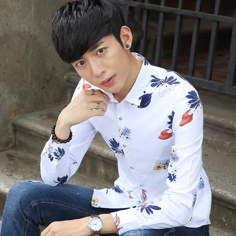 

free shipping camisa masculina autumn men long sleeve shirts new Korean slim floral printed casual bottom shirt roupas masculina