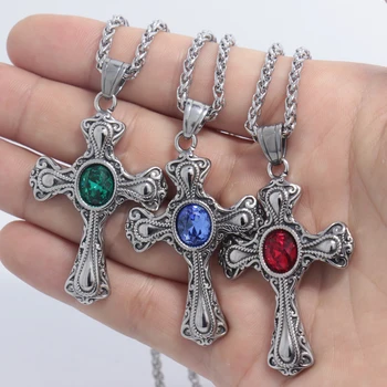 

2018 Punk Men Necklace Green/red/blue Crystal Bead Cross Pendant Collar Male Stainless Steel Choke Men Jewelry Link Chain