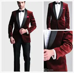 Бордовый бархат Тонкий Fit2018Groom Смокинги свадебный костюм жениха под заказ Лучший мужчина Костюмы для выпускного черные брюки куртка + брюки