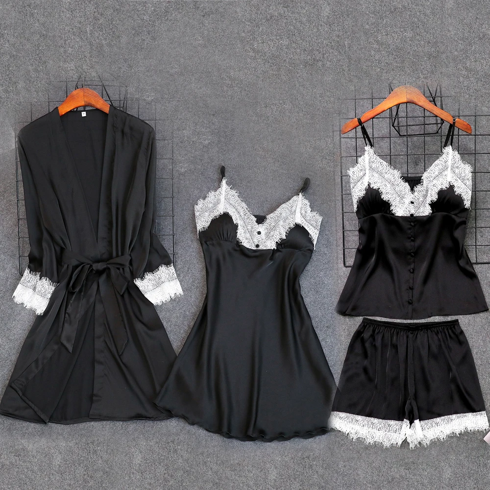 Sexy Womens 4PC Strap Top Pants Suit Pajamas Sleepwear Sets Spring Home Wear Nightwear Sexy Kimono Robe Bath Gown Bathrobe M-XL
