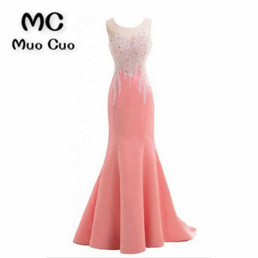 

2018 Coral Prom Dresses Long with Crystals Beaded See Though Bow Vestido Longo Hard Satin Formal Evening Party Dress 100% Real