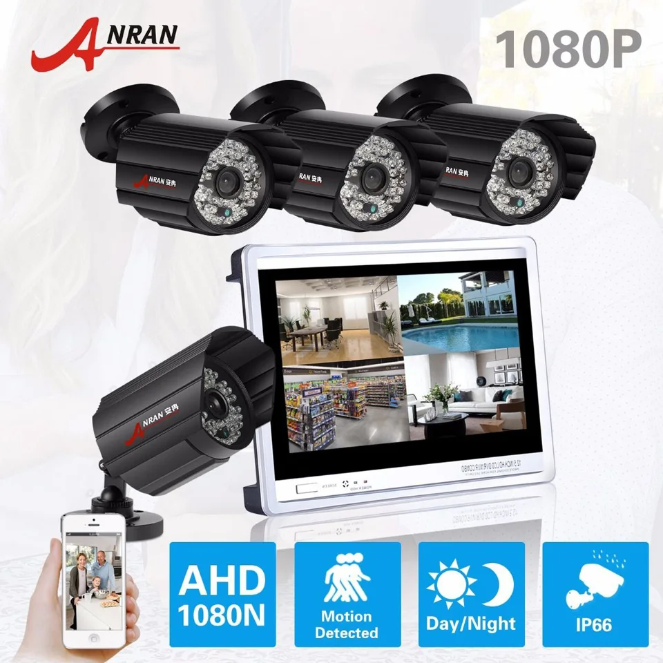 New ANRAN 4CH HD 12 Inch LCD Monitor AHD DVR CCTV Kit Surveillance 4pcs 1080P 48 IR Day Night