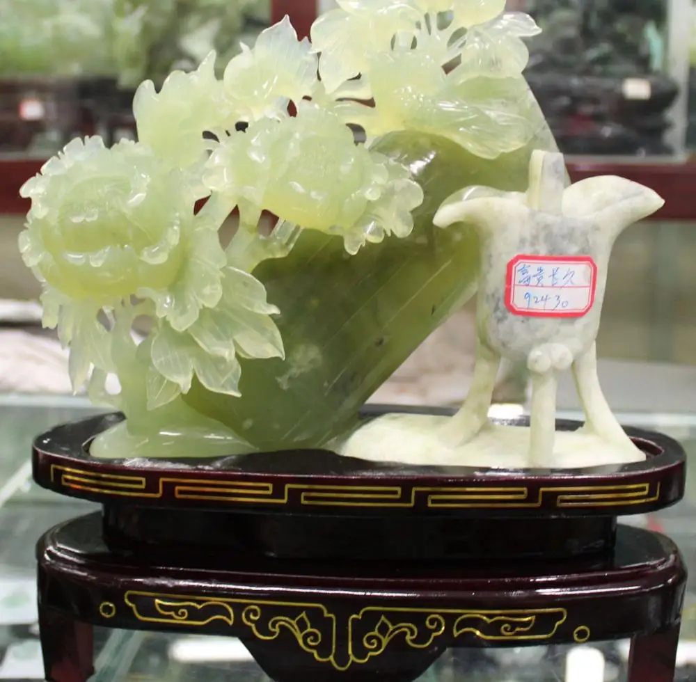 

14"China Natural Green Jade Carving Peony Magpie Goblet Fu gui Chang jiu Statue