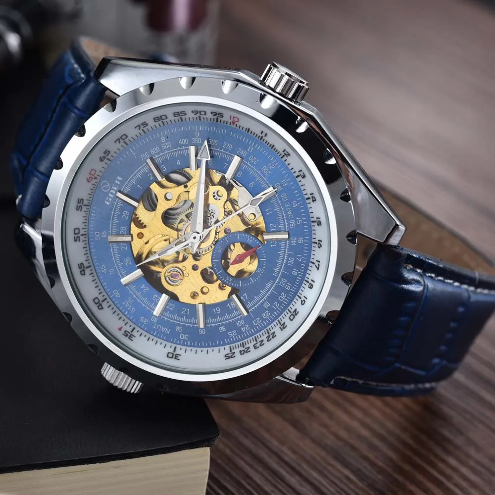 

GOER New Fashion Casual Men Watches Blue Automatic Mechanical Watches Men Skeleton Wrist Watches Brand relogio masculino
