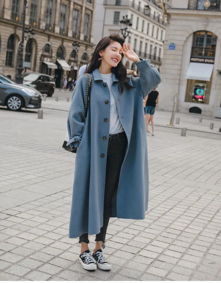 Шерстяное пальто женское длинное осеннее и зимнее Новое корейское одноцветное Женское пальто с поясом повседневное элегантное