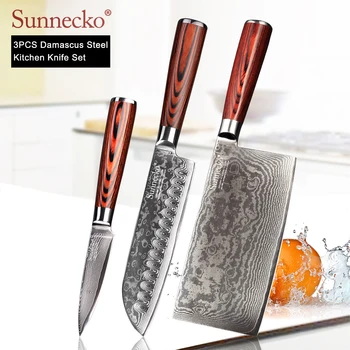 

SUNNECKO 3PCS Kitchen Knives Set Damascus Cleaver Santoku Paring Knife Japanese VG10 Steel Pakka Wood Handle Chef's Cooking Tool