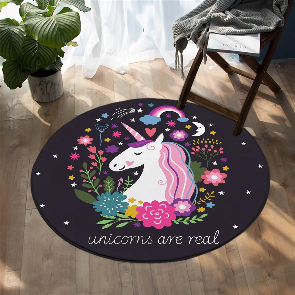 Rainbow Floral Unicorn Bedroom LivingRoom Round Carpets -Unicorn Fashion