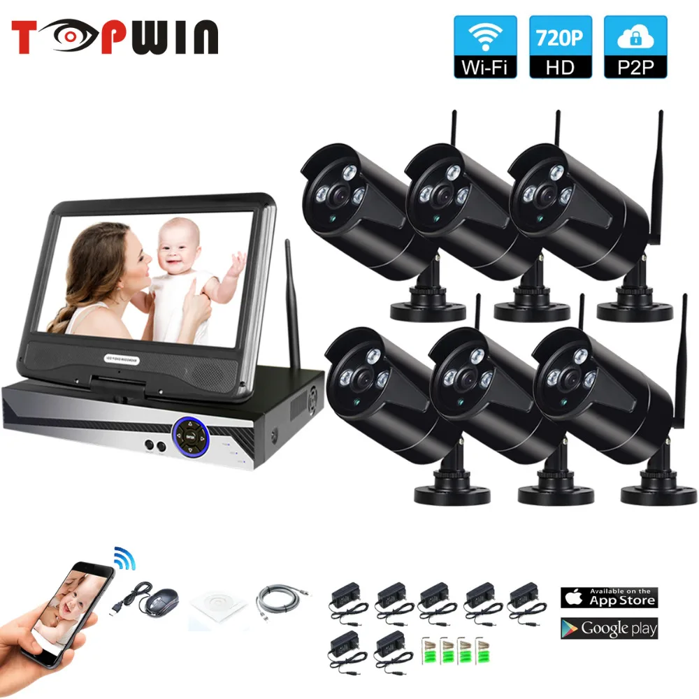 

Wireless Surveillance System Network 10.1" LCD Monitor NVR Recorder Wifi Kit 6CH 720P HD Video Inputs 6PS 1.0MP Security Camera