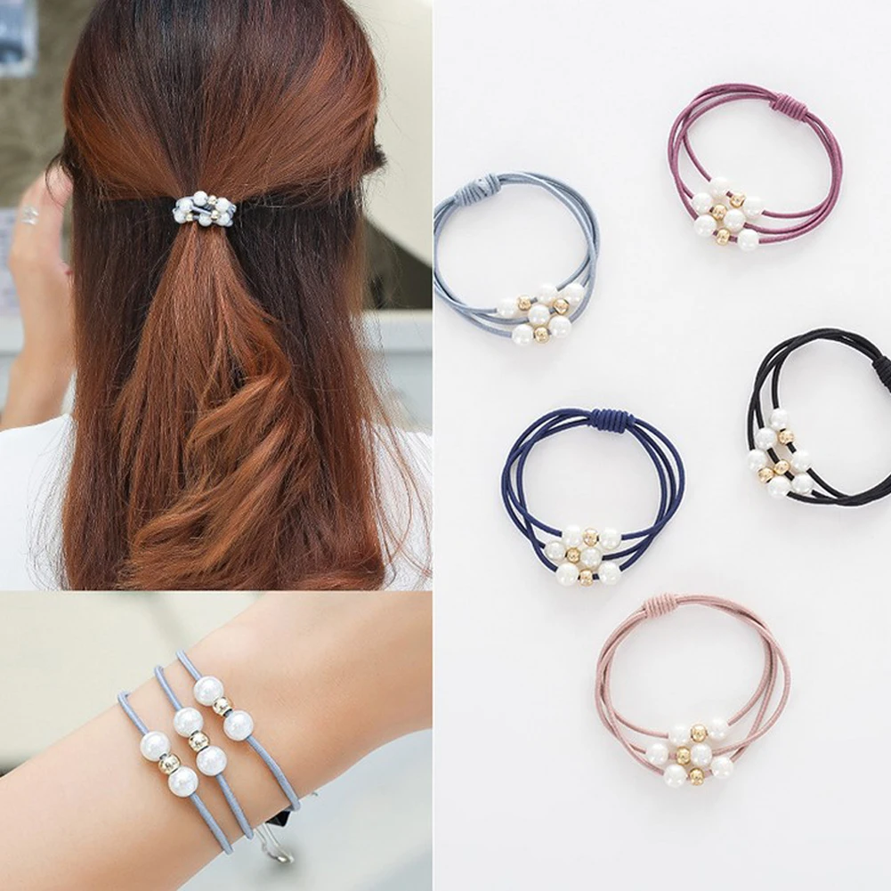 Pearl three in one bead knotted hair rope Fashion Solid Elastic Hair