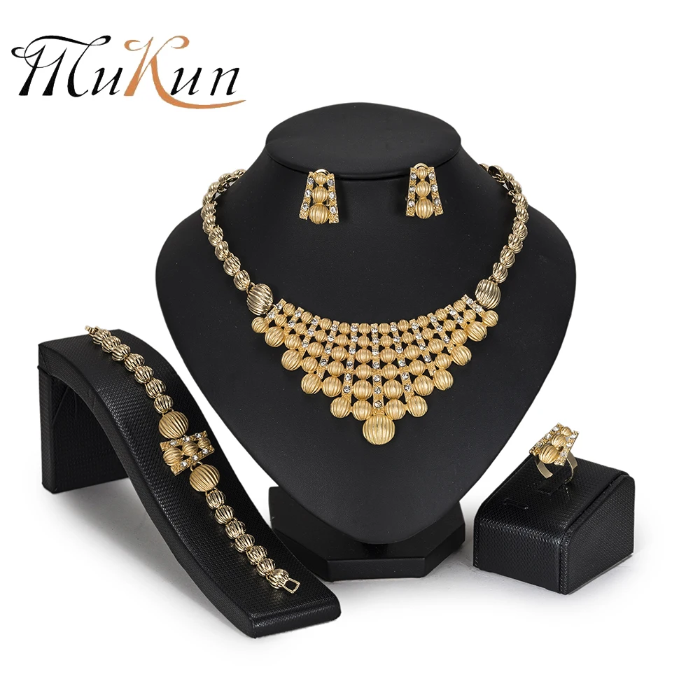 

MuKun Turkish Jewelry Jewellery Set Nigerian Beads Necklace Jewelry Set For Women Wedding Gold Color Dubai Bridal Jewelry Sets