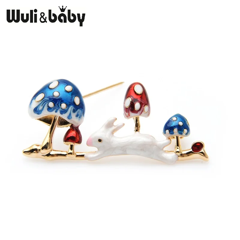 

Wuli&baby Enamel White Rabbit Running in Big Blue Mushroom Brooch Pins Fashion Jewelry Gift 2019