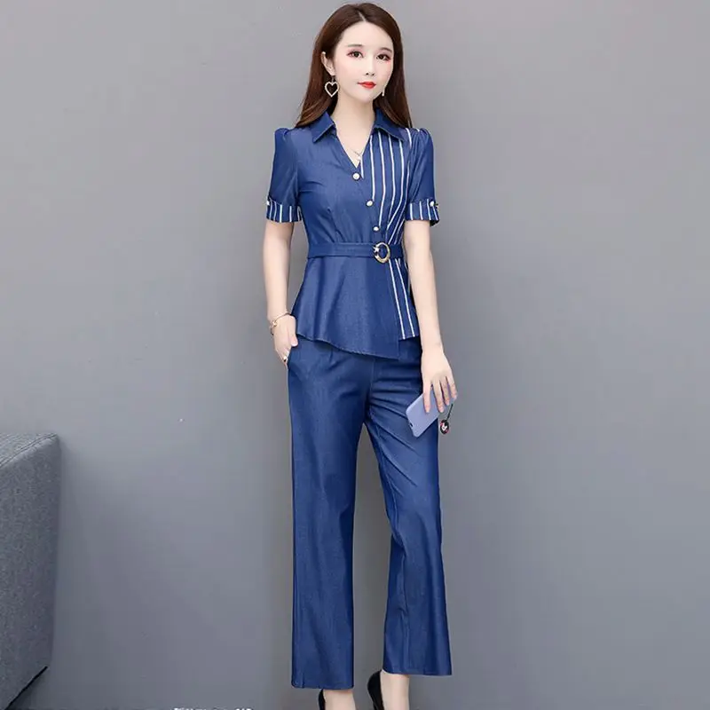 Vrouwen Zomer Denim Sets 2019 Nieuwe Mode Shirts Tops + Wijde pijpen broek Twee stuks Past Casual Slim Grote maat vrouwelijke Sets NZYD149A