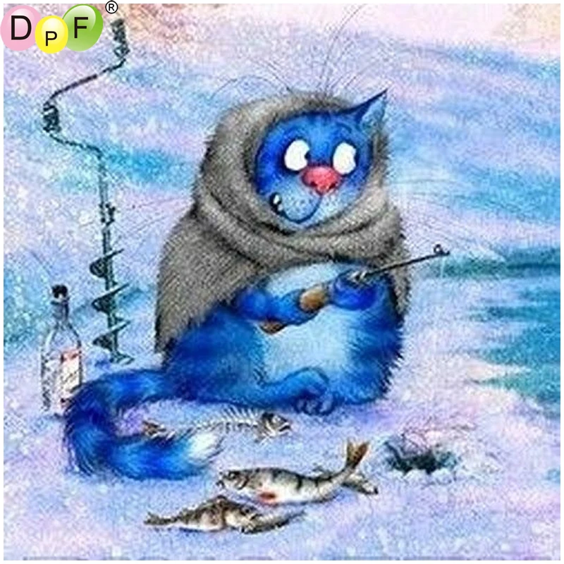 DPF DIY синий кот Рыбалка 5D ремесла домашнего декора Алмазная вышивка, вышивка крестиком на рисунке, рукоделие Алмазная мозаика квадратный