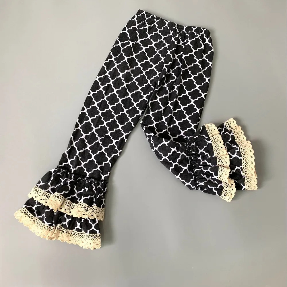 

New autumn girl's plain trousers are pleated with ruffled lace black trousers