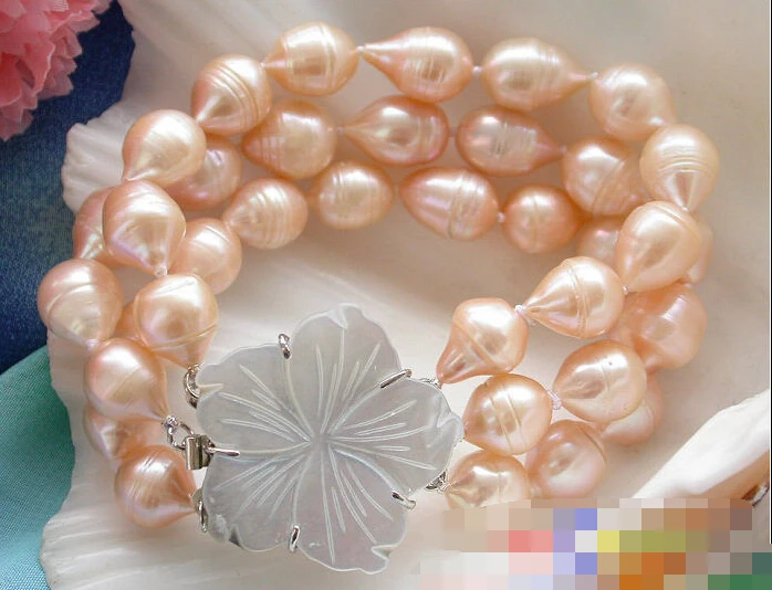 

0793 3row pink drop baroque freshwater pearl bracelet shell flower