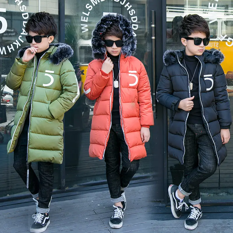 Зимняя куртка с принтом Цифры 5 для мальчиков, теплое пальто, верхняя одежда с меховым капюшоном для мальчиков-подростков 4, 5, 6, 7, 8, 9, 10, 11, 12 лет