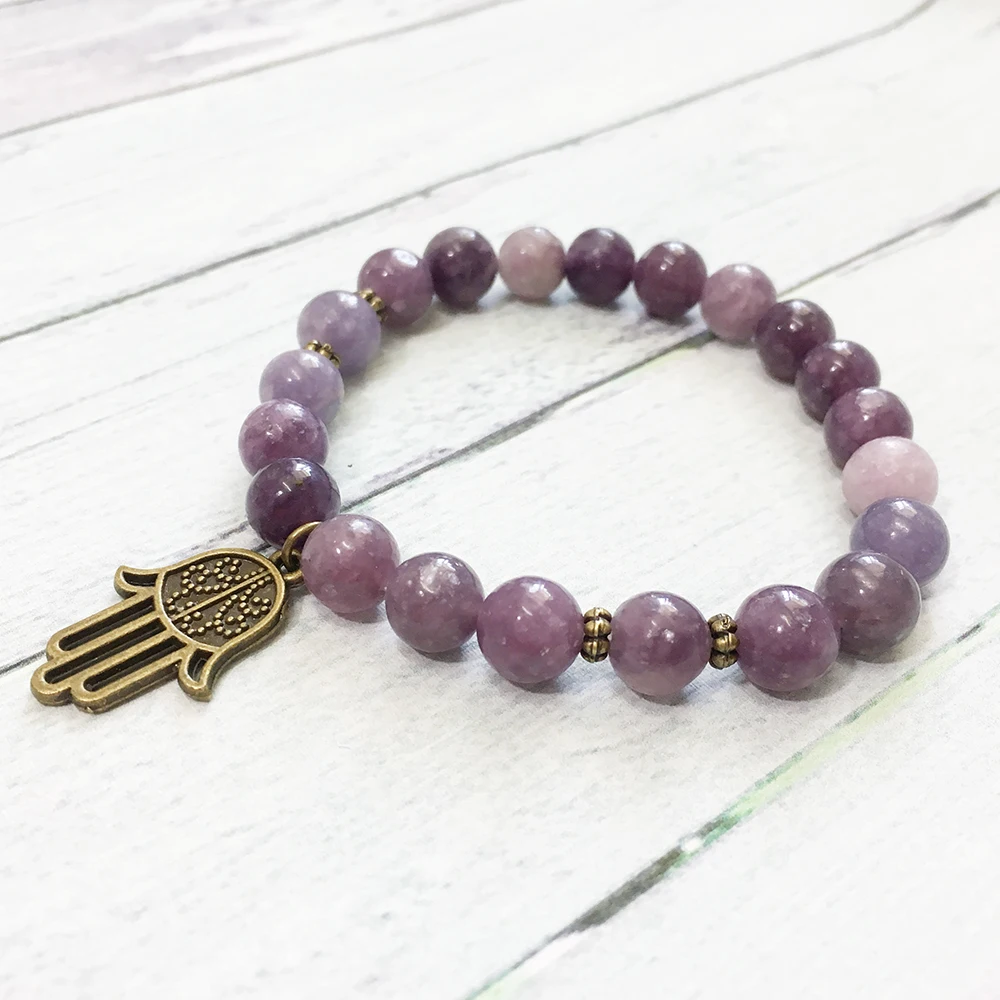 Браслет Ruberthen Natural 8 мм Lepidolite женский браслет Third Eye Chakra Hamsa браслет женственный энергетический духовный браслет