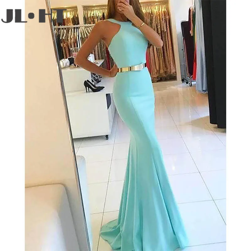 

Simple Light Green Evening Dresses Mermaid Sleeveless Long Sweep Train Satin Prom Dresses Backless Long Evening Gown