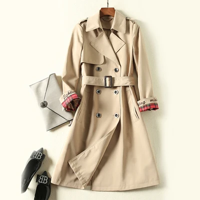 Fashion England Style Long Trench coat women Autumn Double Breasted Belt Embroidery Windbreaker Casual Business Outerwear - Цвет: Khaki