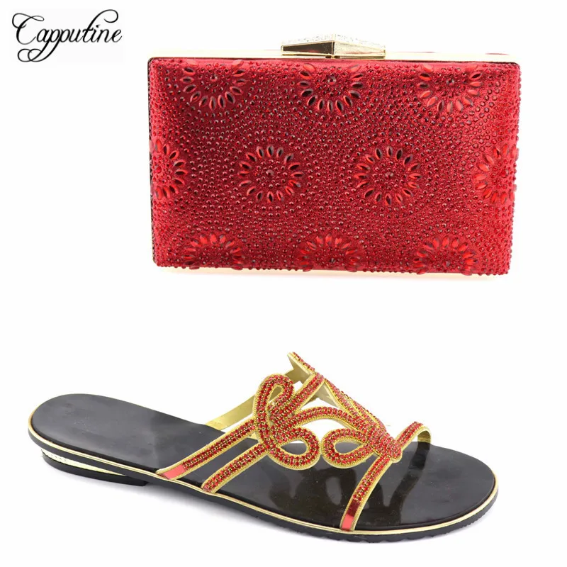 

Capputine Italian Style Red Color Shoes And Bag For Parties African Rhinestone Low Heels Shoe And Bag Set For Woman TX-05