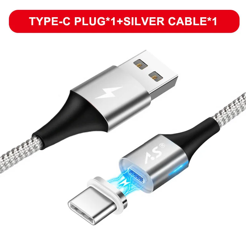 A.S светодиодный магнитный USB кабель для iPhone Micro USB кабель USB C магнит быстрое зарядное устройство нейлоновый кабель для передачи данных для samsung Xiaomi huawei - Цвет: Silver for Type C