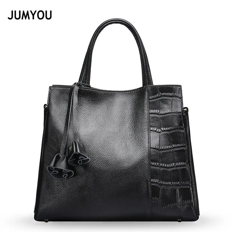 Genuine Leather Totes Bags Handbags For Women Large Fashion Casual Flowers Black Soft Handbags For Female Real Leather Tote Bags