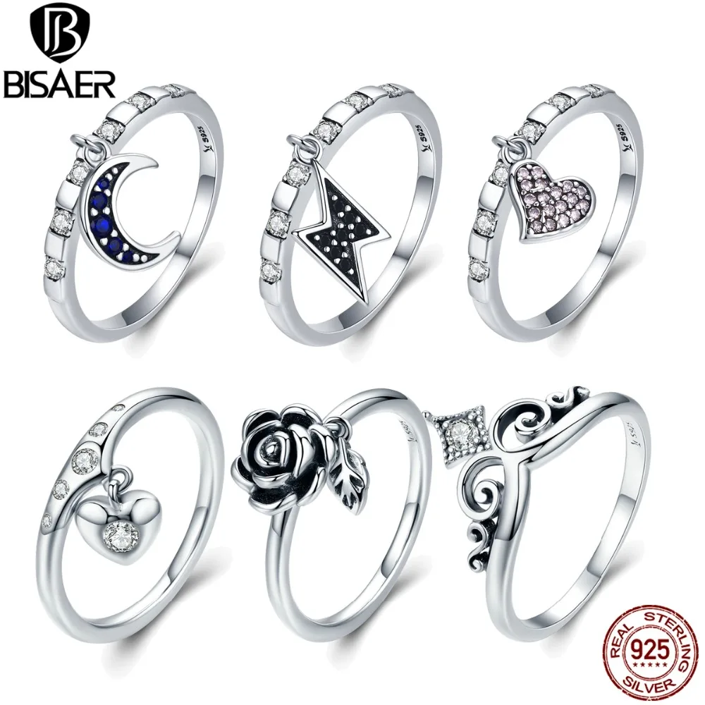 

BISAER 925 Sterling Silver Blue Evil Eyes Rose Flower Princess Crown Finger Rings for Women Engagement Jewelry Gift Wedding Anel
