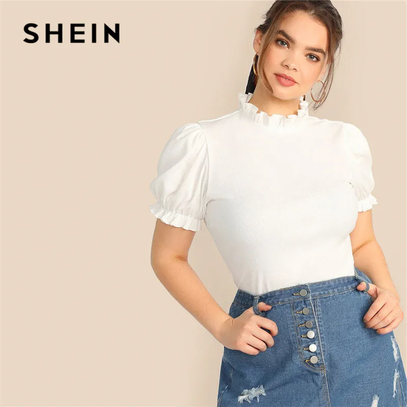 

SHEIN Plus Size Lady Frilled Trim Neck Puff Sleeve Rib-Knit Beige T-Shirt Summer Elegant Short Sleeve Stand Collar Women Tshirt