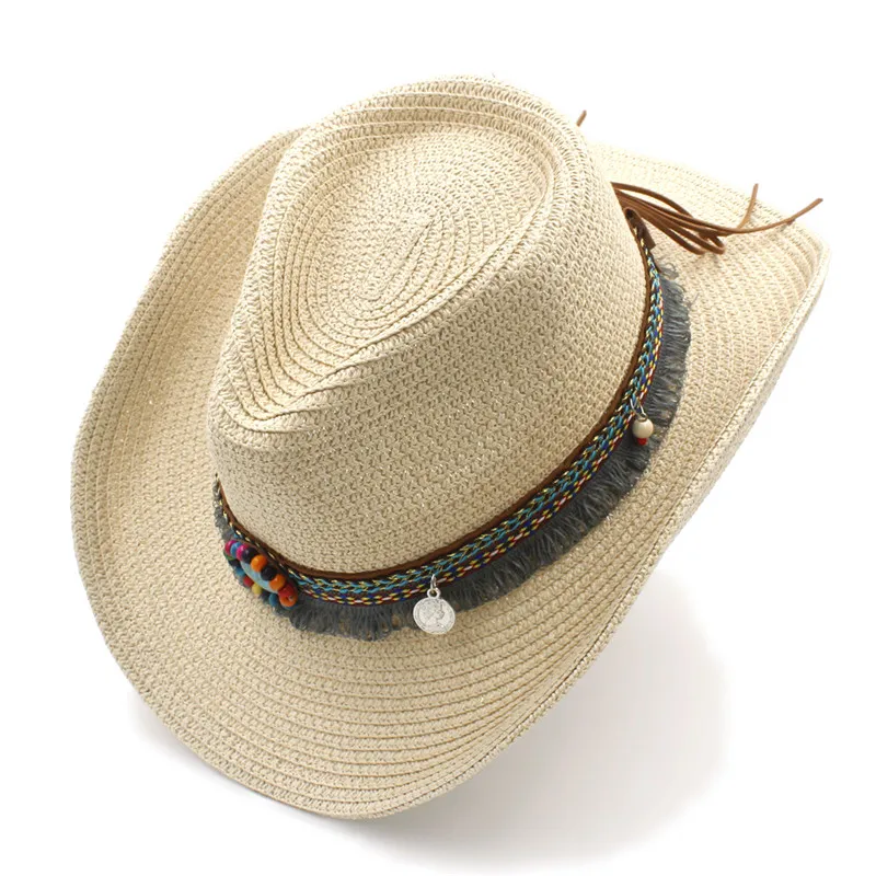 Женские соломенные Западные Ковбойские шляпы с закатанными широкими полями для леди ковбойская джазовая шляпа с кисточкой сомбреро летняя пляжная шляпа от солнца - Цвет: Straw