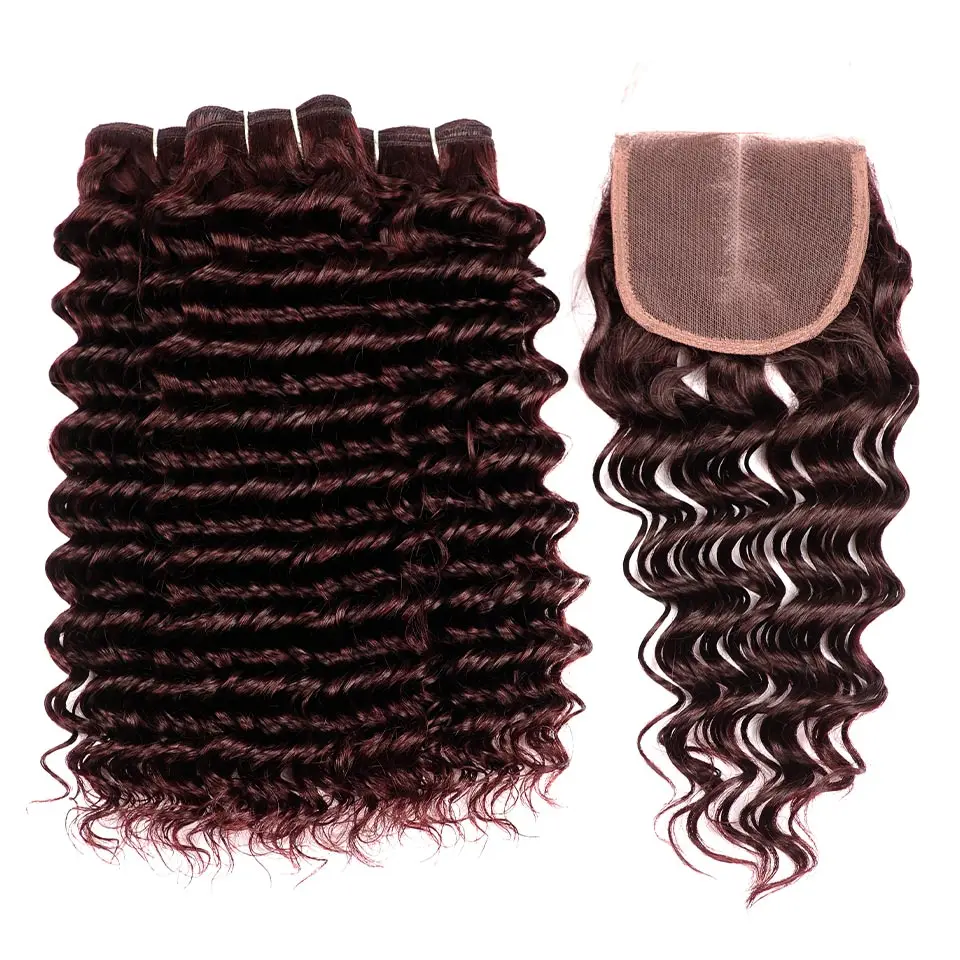 Pinshair цветные человеческие волосы пучки с закрытием бордовые глубокая волна бразильские пучки волос плетение с закрытием шнурка не реми волосы