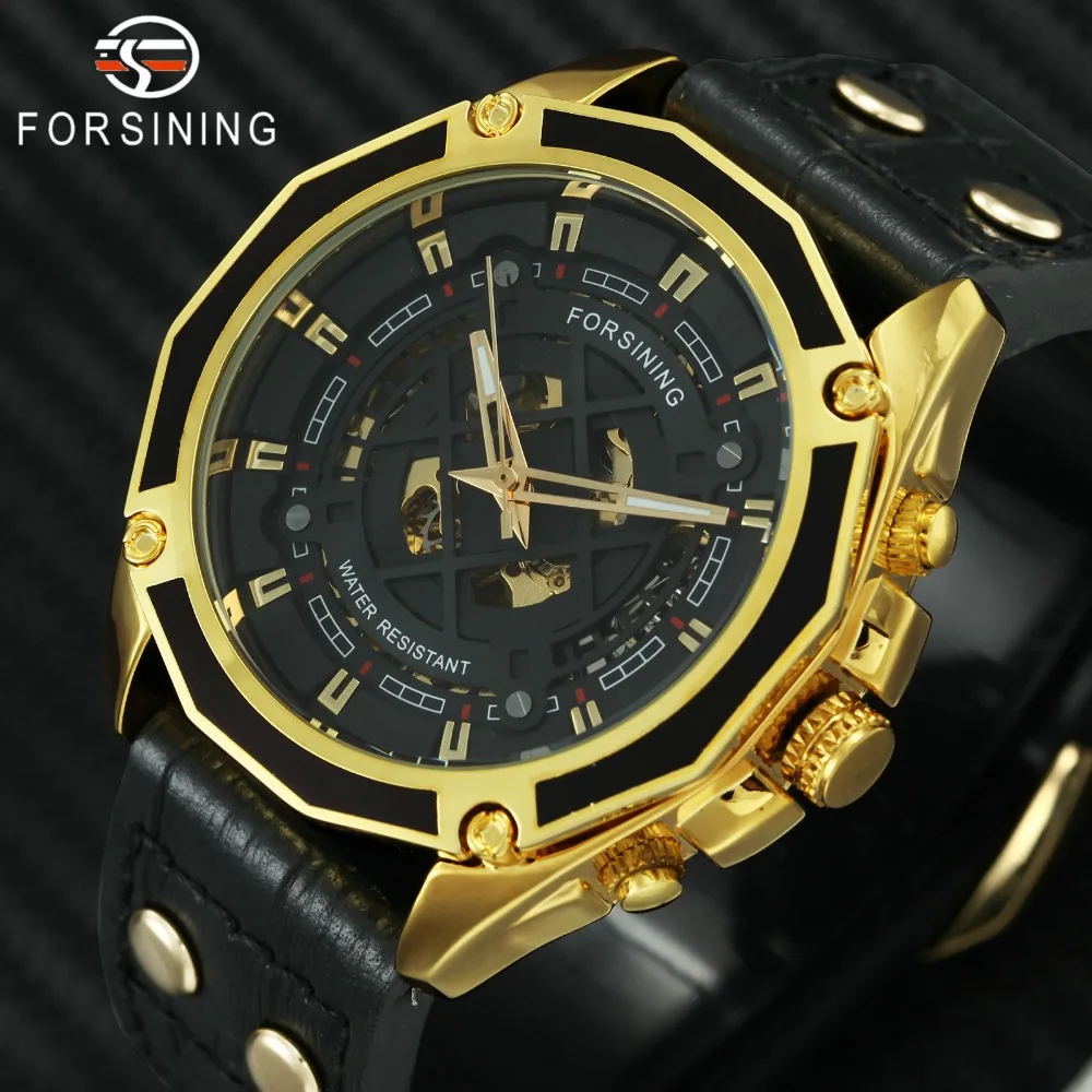 

2018 Top Brand Luxury Auto Watch Men FORSINING Golden 3D Skeleton Waterproof Mens Watches Genuine Leather Mechanical Wristwatch
