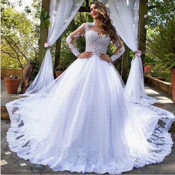 

White Wedding gown New Amazing Tulle Wedding Dress Stunning Neck Vestido De Noiva Wedding Bridal Gowns 2019